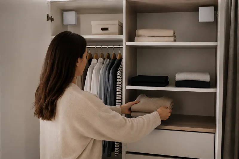 El sensor de iCloset instalado en las esquinas del armario mientras se guarda ropa doblada